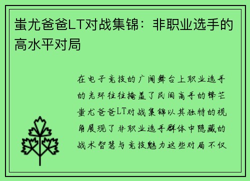蚩尤爸爸LT对战集锦：非职业选手的高水平对局